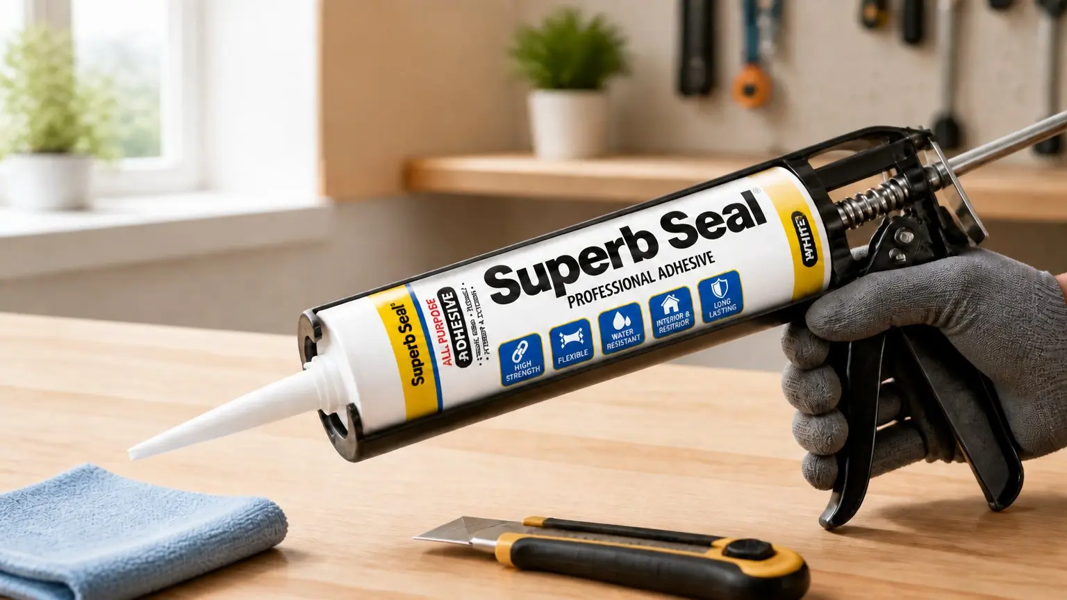 How much weight can high grab adhesive hold? Superb Seal high grab adhesive cartridge loaded in a caulking gun on a workbench